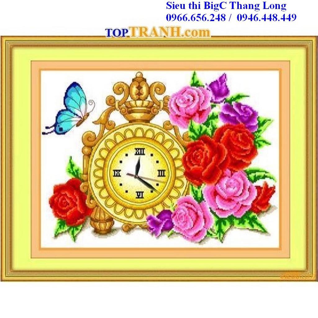 Tranh thêu chữ thập đồng hồ cổ và hoa hồng đỏ khoe sắc 8036