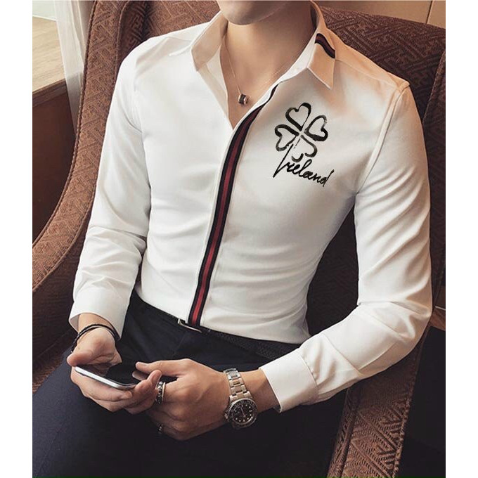 Sơ mi nam viền giữa đen đỏ họa tiết cỏ bốn lá thời trang