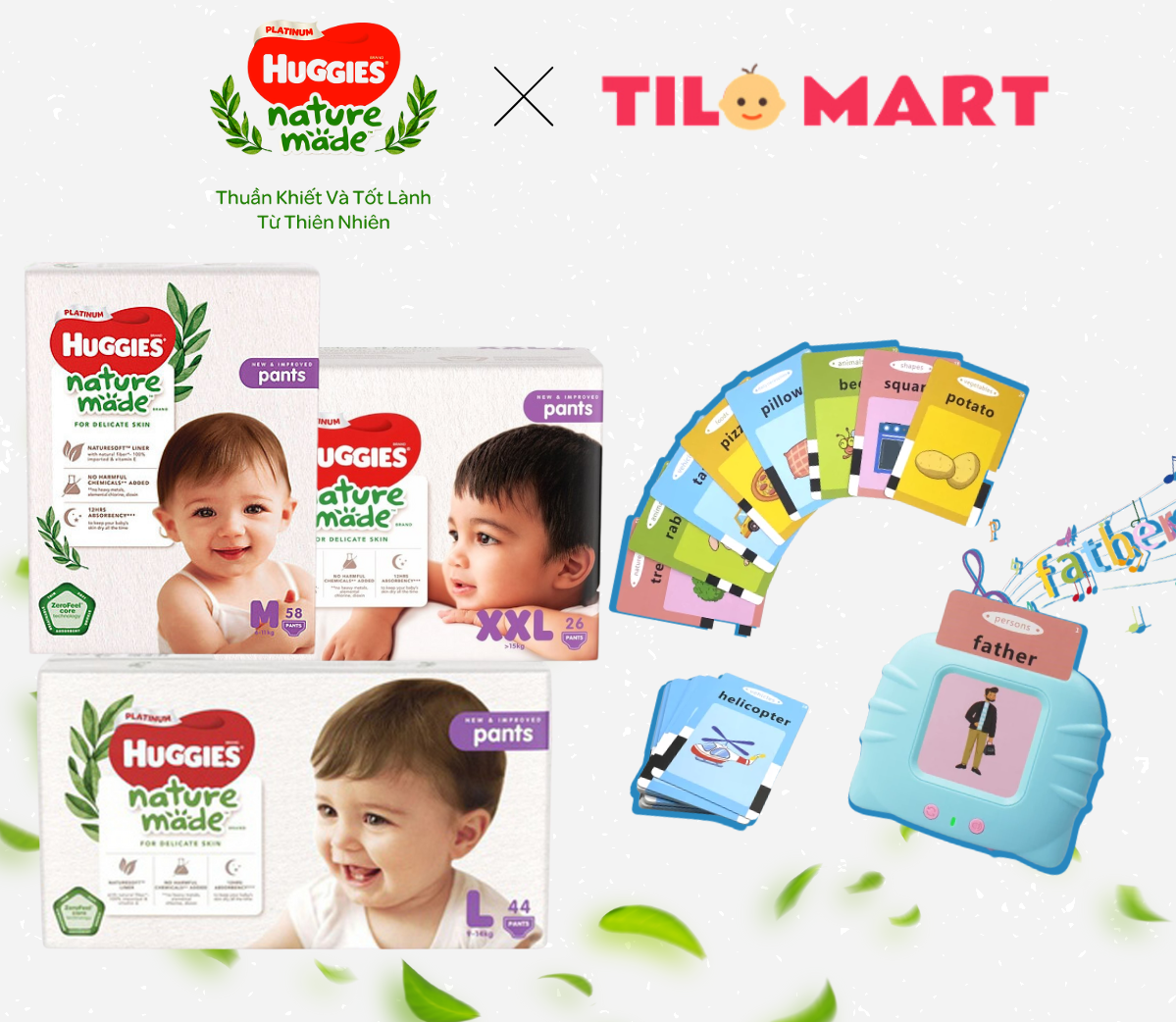 Combo 3 gói tã quần Huggies Platinum Nature Made size M58/L44/XL38/XXL26 tặng máy học song ngữ Anh-Việt bao gồm thẻ TILO KIDS TLK-1199