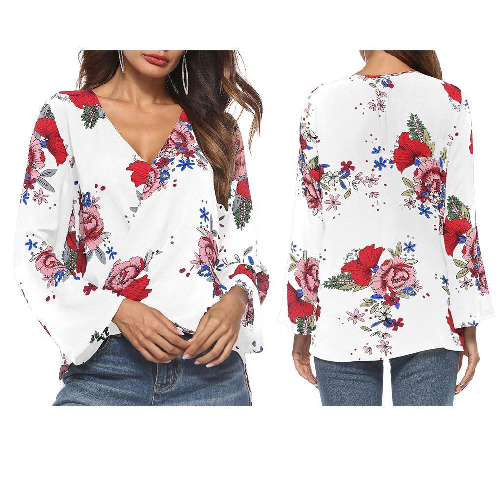 Women's Casual Floral Tops Long Sleeve Deep V Neck Wrap Loose Beach Shirts