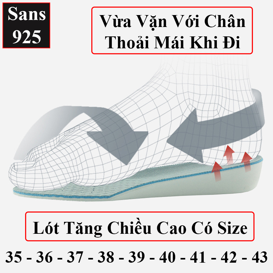 Lót giày tăng chiều cao 3.5cm 2.5cm 1.5cm Sans925 miếng nâng gót độn đế thoáng khí cỡ size 35 36 37 38 39 40 41 42 43