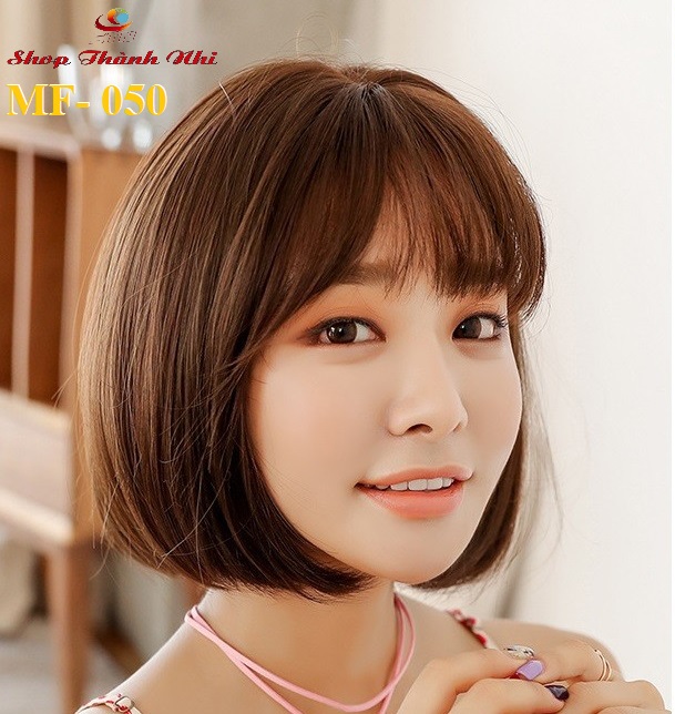 Tóc giả nữ nguyên đầu hàn quốc, kiểu ngắn, mái thưa tặng kèm lưới trùm tóc, giống hình 90%, tóc tơ nhân tạo chịu nhiệt