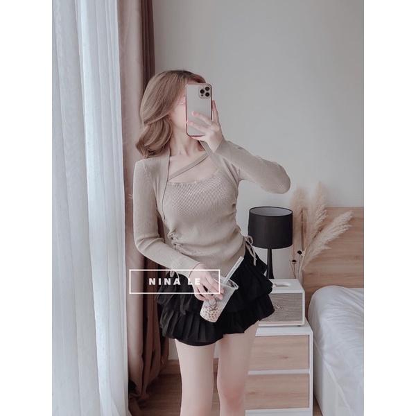 Áo len tăm cổ vuông dây chéo rút dây 2 bên, Áo kiểu dài tay dáng ôm AL1830 - NhiNhi Shop