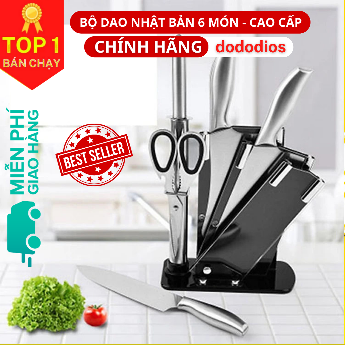 Bộ Dao Nhà Bếp Cao Cấp - Bộ Dao Kéo 6 Món Nhật Bản Cao Cấp chóng han gỉ, tặng kèm khay để giao kéo - Hàng chính hãng dododios - Logo trên thân bộ dao là hình và kí tự ngẫu nhiên