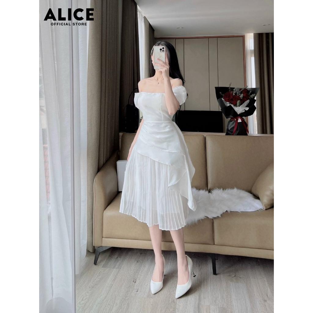 Váy Trắng Tiểu Thư Cổ Vuông ALICE Chất Vải Tafta Cao Cấp Phối Tơ Thiết Kế Tay Cánh Tiên Phối Dập Ly V790