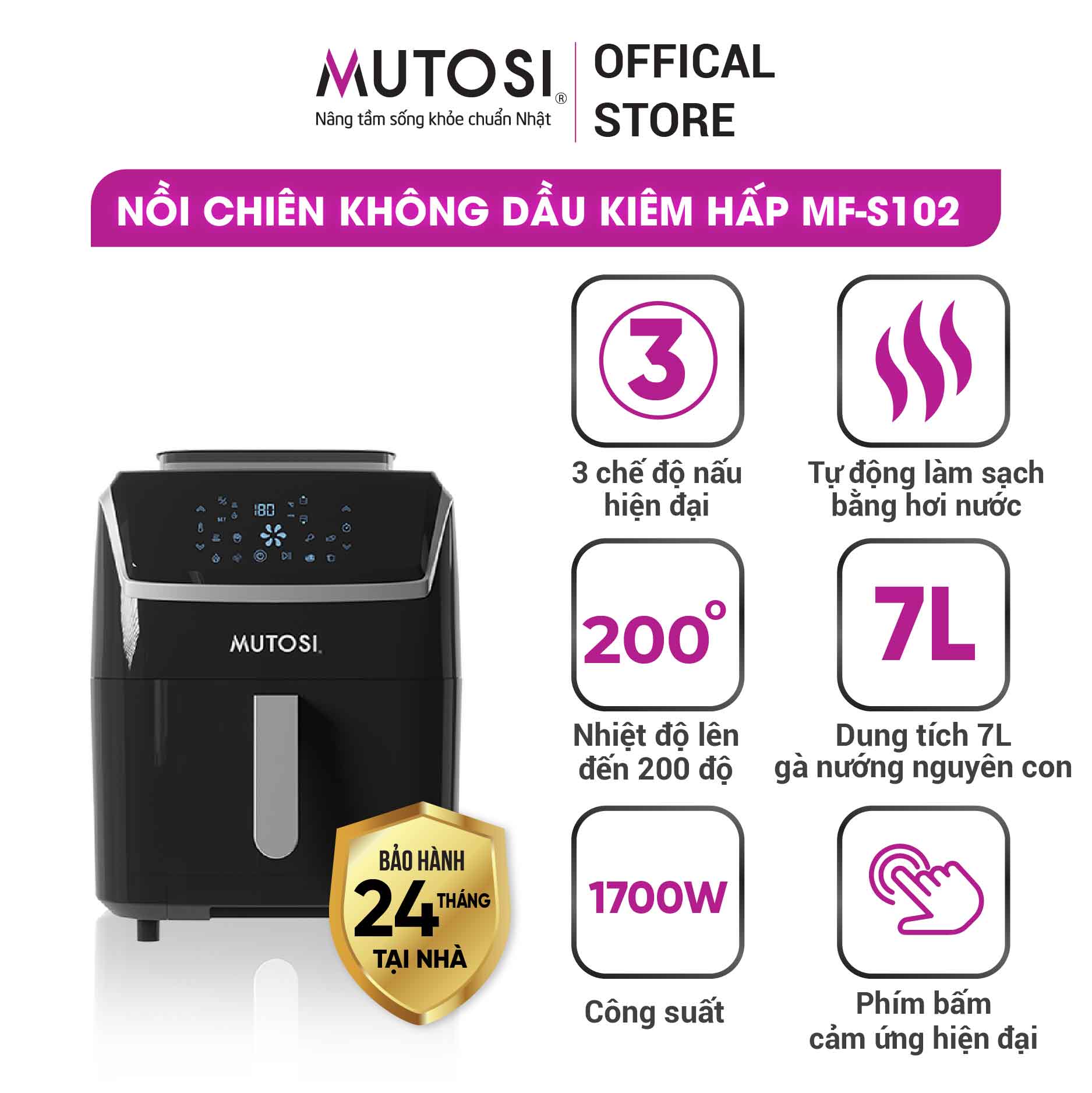 Nồi Chiên Không Dầu Kiêm Hấp Mutosi MF-S102 (7.0 Lít) - Hàng chính hãng