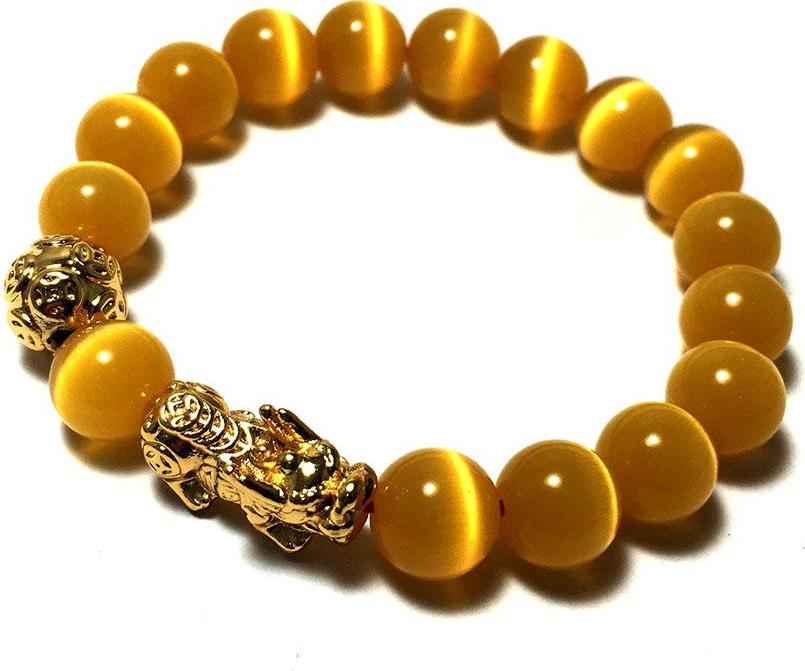 Vòng tay phong thủy đá mắt mèo màu vàng kèm cham tì hiu bạc mạ vàng 24k cao cấp cho người mệnh kim - mệnh thổ - VPT32A- Bạc QTJ