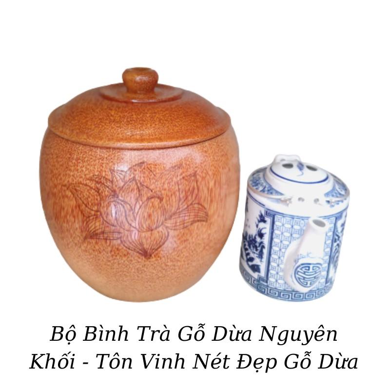 Bộ Bình Trà Gỗ Dừa Gọn Đẹp Hoa Văn "Hoa Sen" - Bình Trà 700 - 900ml