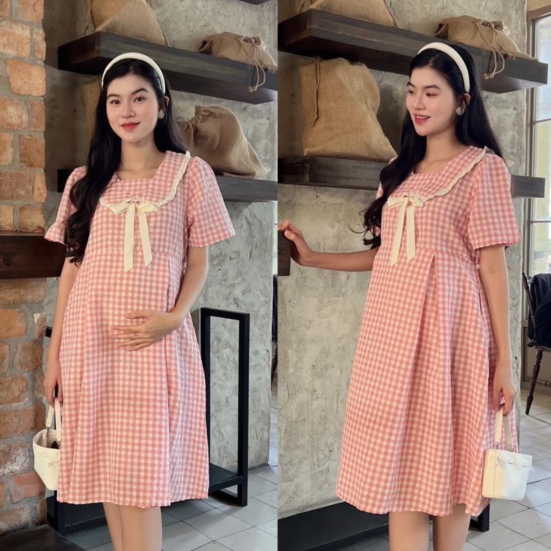 Đầm bầu Karo xếp ly cổ viền bèo xinh xắn, nhẹ nhàng baby nhẹ nhàng đáng yêu - Nâu
