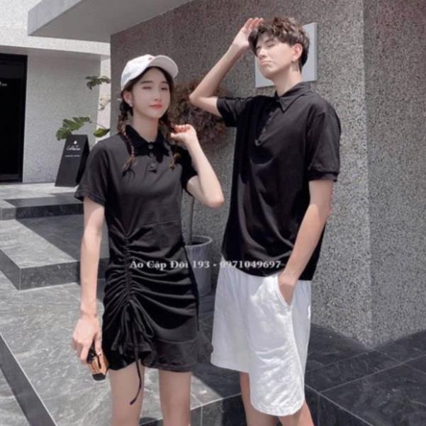 Áo đôi: Váy rút nếp một bên nữ phong cách vs áo polo nam