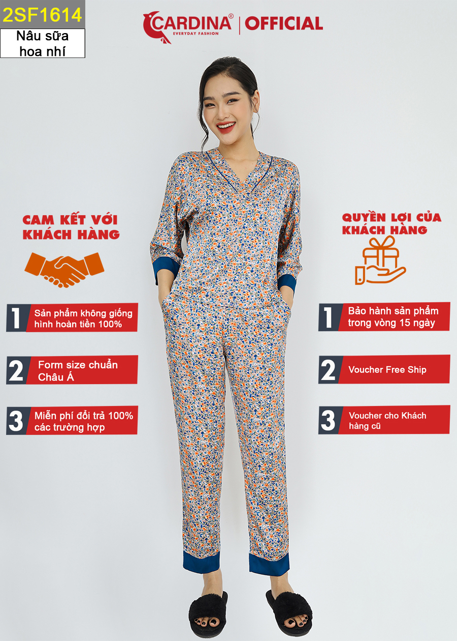 Đồ Bộ Nữ CARDINA Chất Lụa Satin Kiểu Dáng Kimono Nhật Cao Cấp Tay Vừa Quần Dài Họa Tiết 2SF16