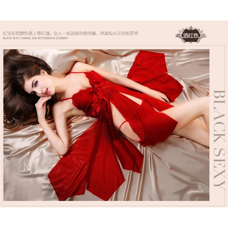 Đầm ngủ 2 dây ngực thắt nơ xẻ tà gợi cảm CDAN37 - Đen