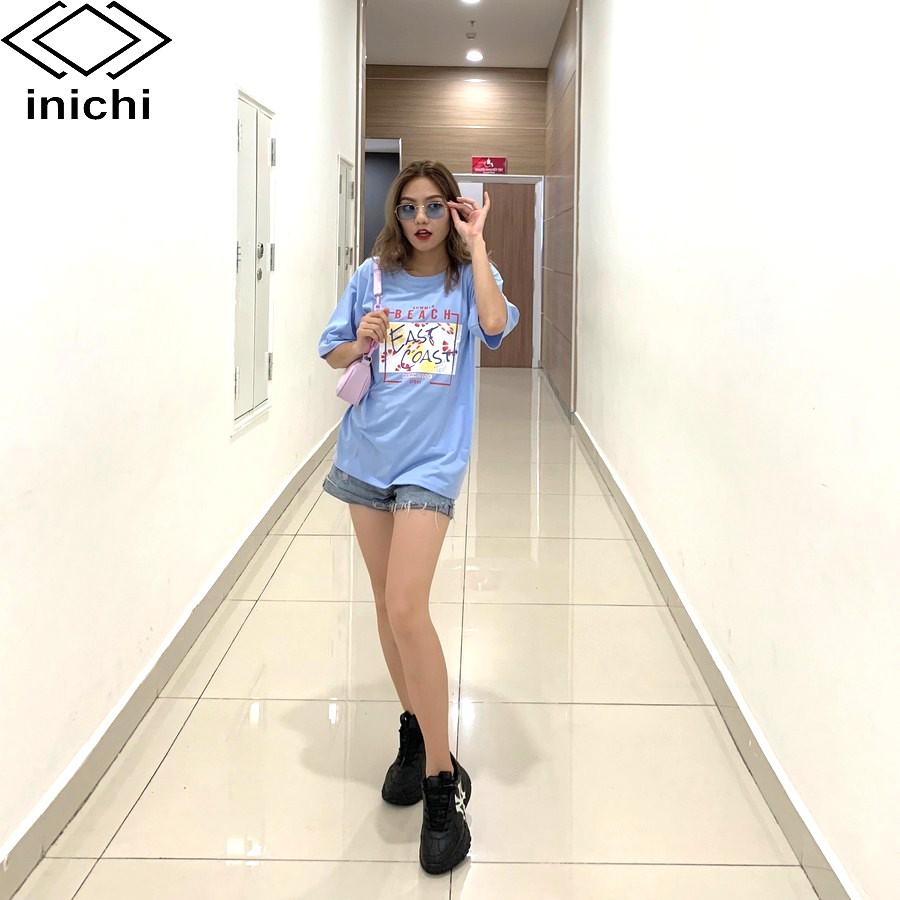 Áo thun tay lỡ INICHI phong cách Unisex nam nữ cá tính in chữ BEACH - A657 màu hồng