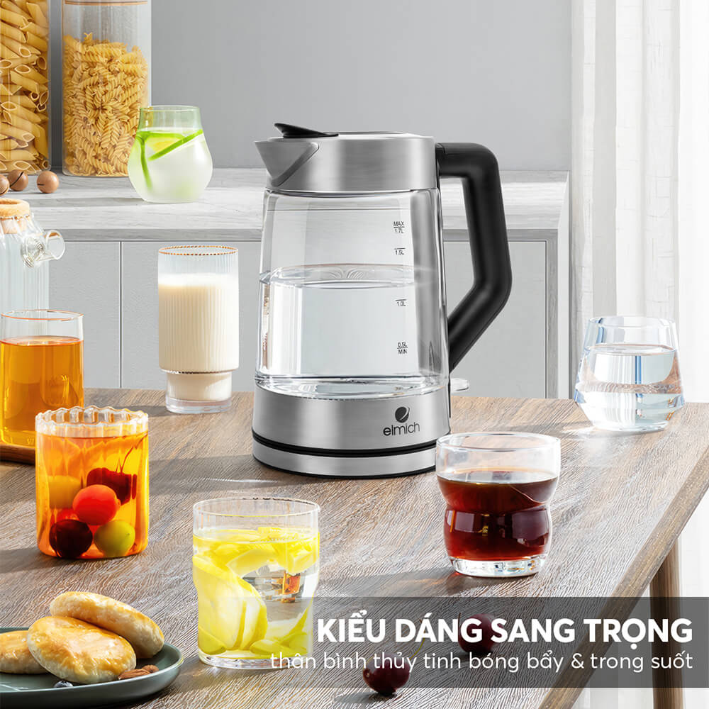 Ấm Đun Nước Siêu Tốc Thuỷ Tinh Elmich KEE-8458 1.7L 2200W, Hàng Chính Hãng, Đèn Led Cảm Biến-JoyMall