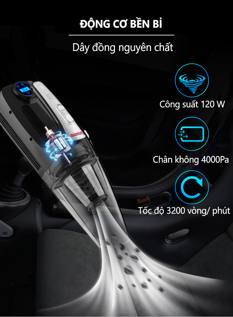 Máy hút bụi cầm tay kiêm bơm lốp ô tô RUNDONG R-6055 đa năng cao cấp | Công suất 120W, 4 in 1 . Tặng ngay bảng số ĐT