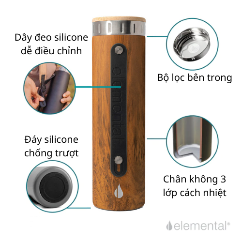 Bình giữ nhiệt Elemental Iconic màu vân gỗ 590ml, giữ nhiệt vượt trội, inox 304, FDA Hoa Kì, An toàn sức khỏe, có lưới lọc