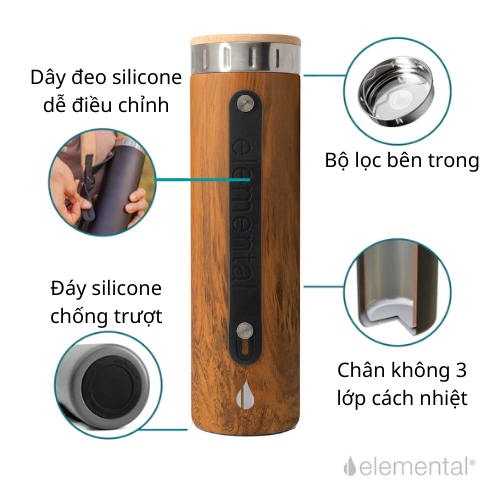 [Hàng chính hãng – Thương hiệu Mỹ] Bình giữ nhiệt Elemental Iconic màu vân gỗ 590ml, giữ nhiệt vượt trội, inox 304, FDA Hoa Kì, An toàn sức khỏe, có lưới lọc