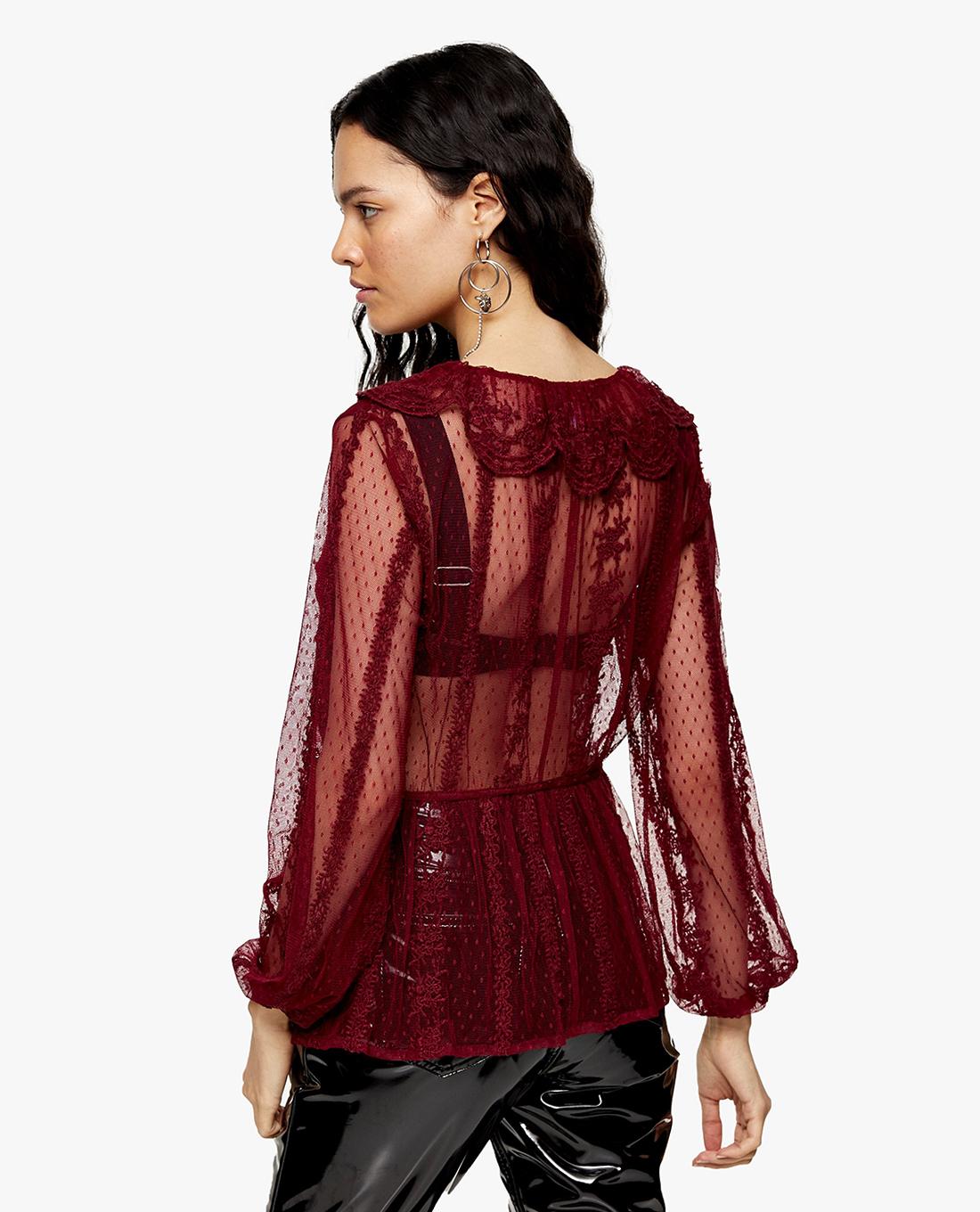 TOPSHOP - Áo kiểu nữ tay dài cổ V Burgundy Mesh Blouse 13D17RBRG