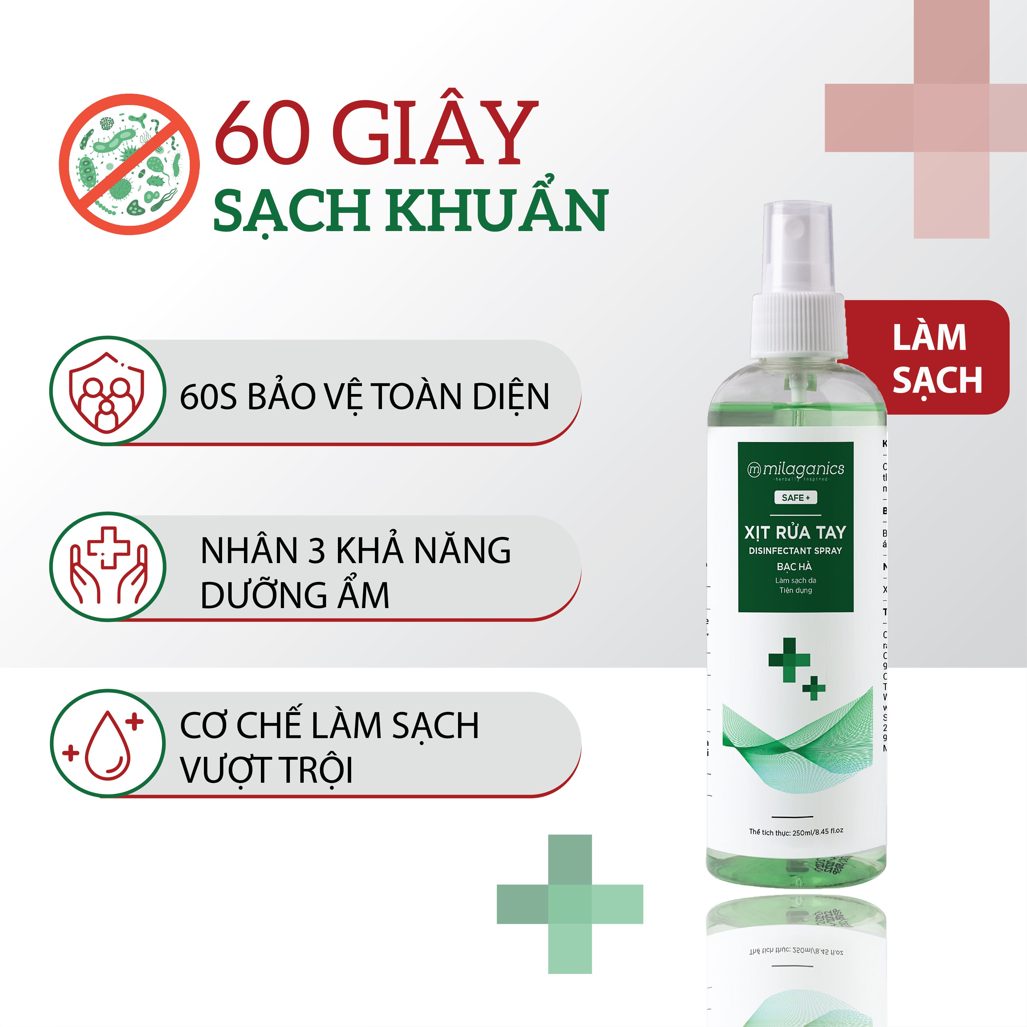 (SIZE LỚN) Nước Rửa Tay Khô Bạc Hà Sát Khuẩn, Làm Sạch Vượt Trội, Dưỡng Ẩm Không Gây Khô Da MILAGANICS 5LIT (Can) - Tặng Kèm 2 Xịt Chiết