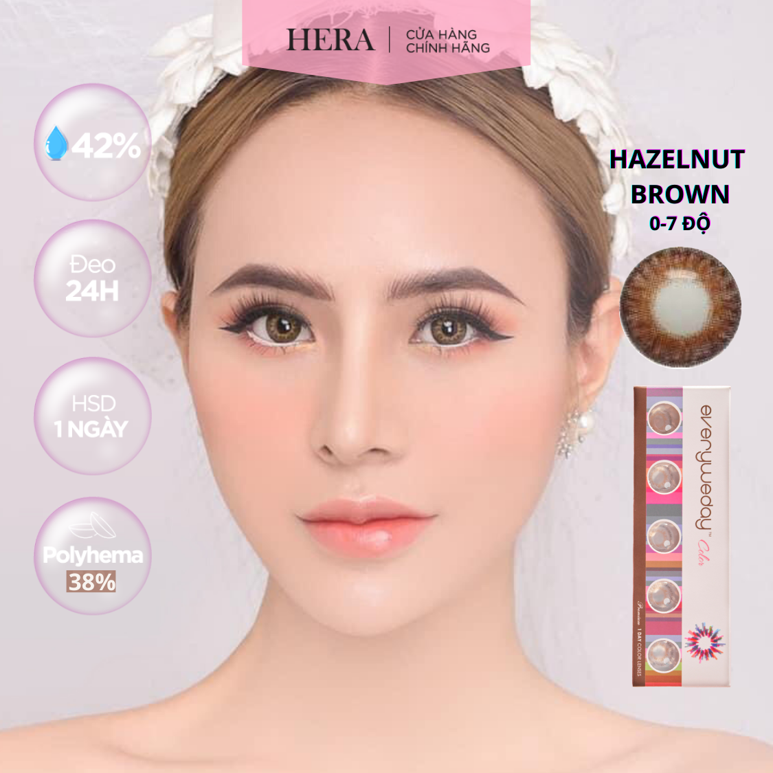 Kính Áp Tròng Hera Nâu Cam Viền Đậm 0 - 7 Độ HAZELNUT BROWN Nhập Khẩu Hàn Quốc Lens Cận 1 Ngày