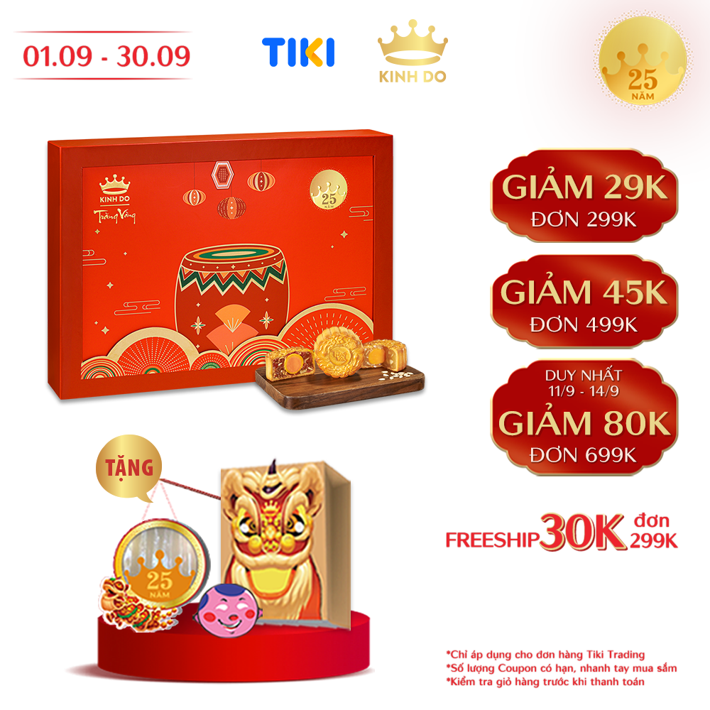 Hộp bánh trung thu Kinh Đô - Trăng vàng Hồng Ngọc Hưng Thịnh (6 bánh x 80gr) + Tặng bộ lồng đèn, đầu lân, mặt nạ ông địa