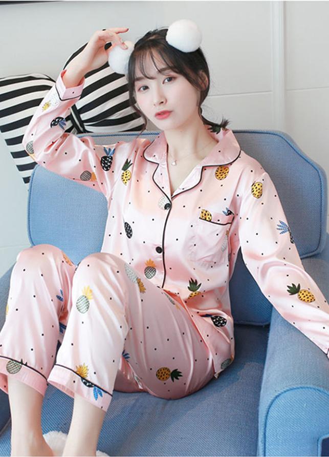 Bộ đồ ngủ Pijama tay dài quần dài phi bóng hoạ tiết trái thơm dễ thương CDANP11 hồng cam