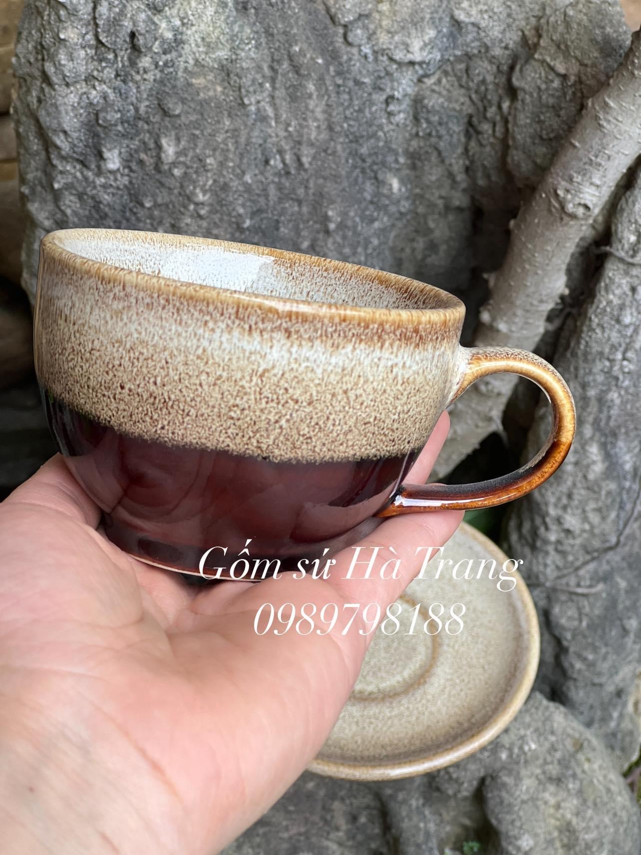 Bộ tách cafe capuchino dung tích 220ml gốm sứ Bát Tràng cao cấp men hoả biến gấm