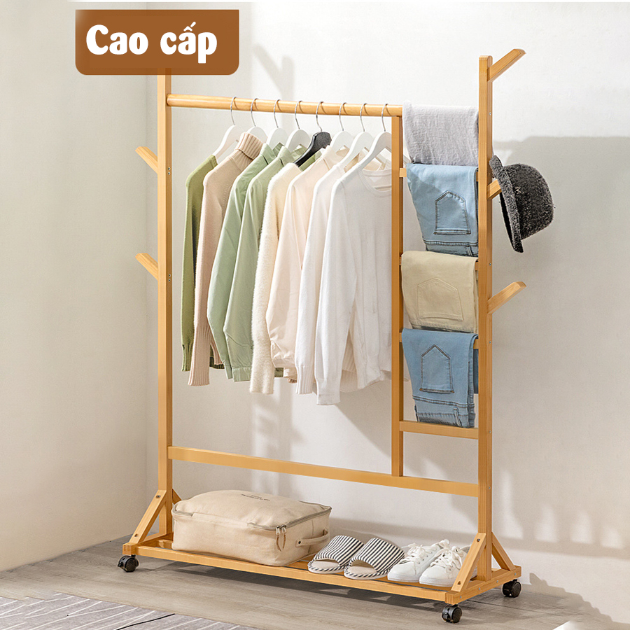 Giá kệ treo quần áo đa năng VANGO V5 bằng gỗ tre tự nhiên cao cấp, Phong cách nội thất Bắc Âu hiện đại sang trọng, sơn phủ bóng chống nước chống ẩm mốc cực tốt