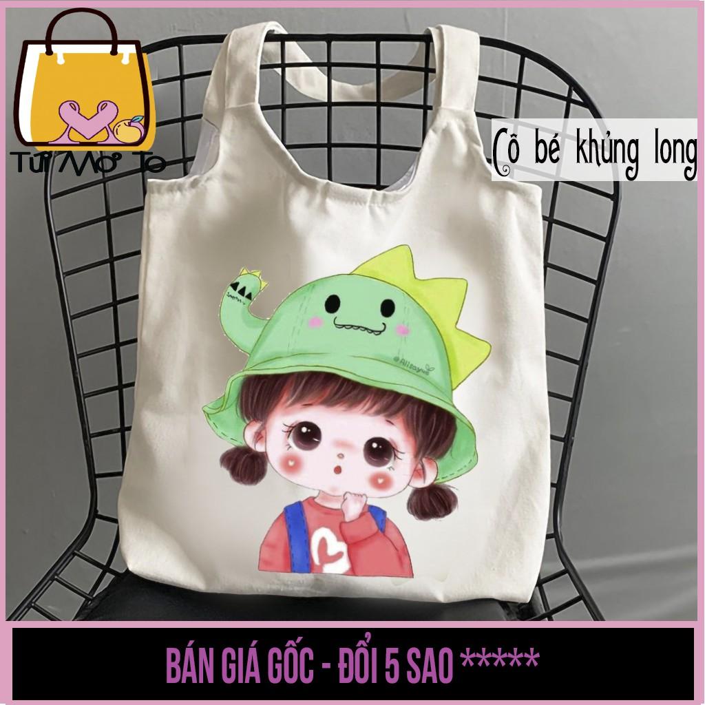 Túi tote túi vải túi canvas quai tròn có khóa kéo in hình cô bé khủng long dễ thương - Túi Mơ To store