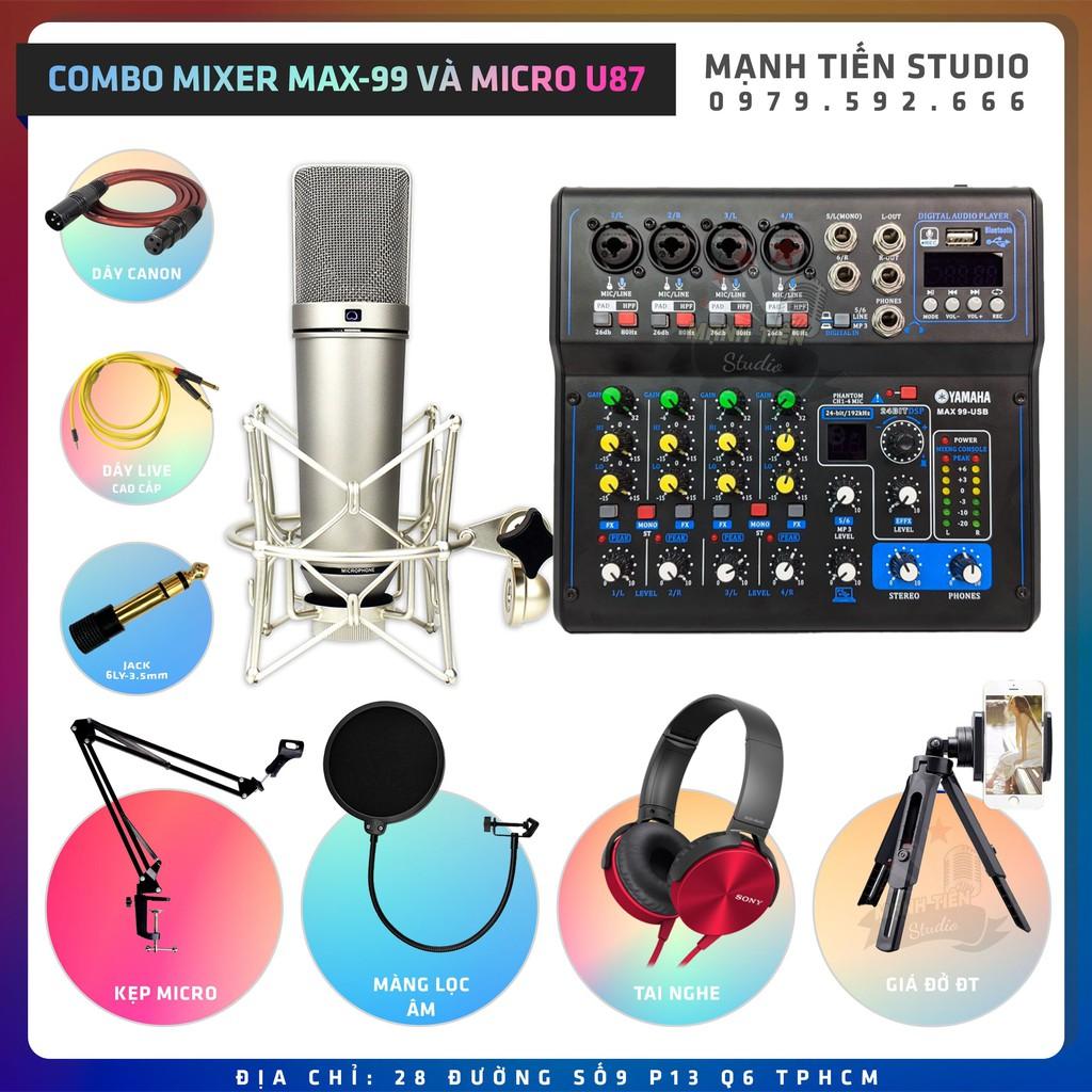Combo thu âm livestream karaoke cực hay tặng đầy đủ phụ kiện dây kết nối MIXER MAX99 Bluetooth Và Micro U87 bảo hành 12t