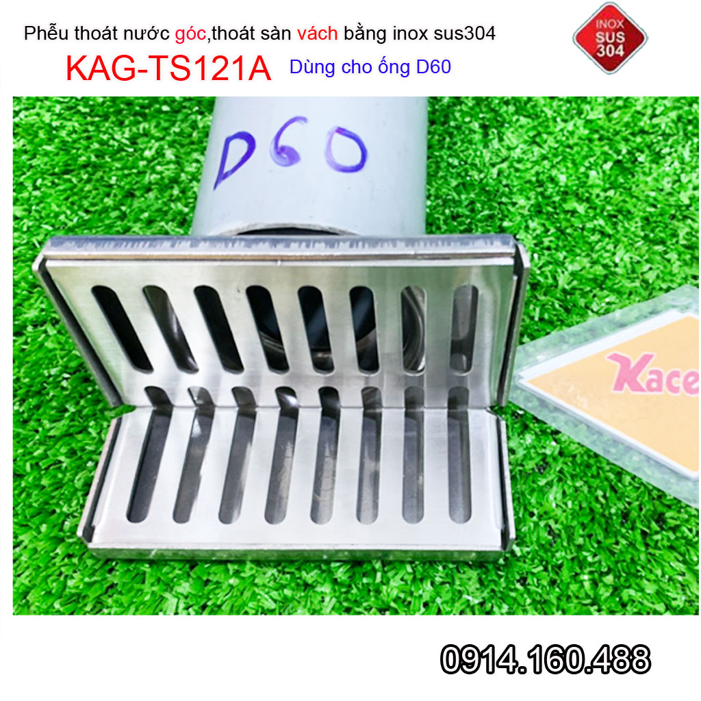 Phễu thoát nước ngang D60 inox 304 KAG-TS121A, Ga thoát sàn vào vách hành lang ban công góc tường thiết kế đẹp tiện dụng siêu bền