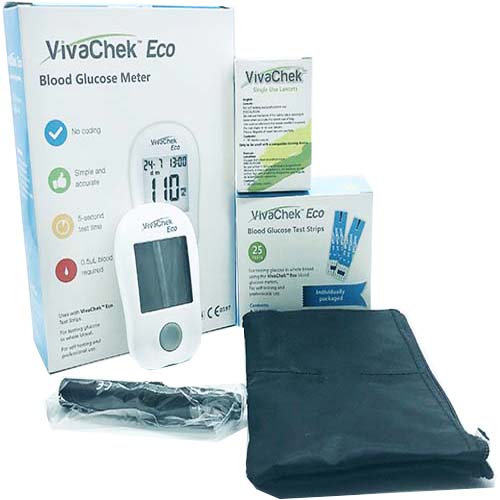 Combo máy đo đường huyết Vivachek ECO (Từ Mỹ) + 50 que thử + 50 kim lấy máu