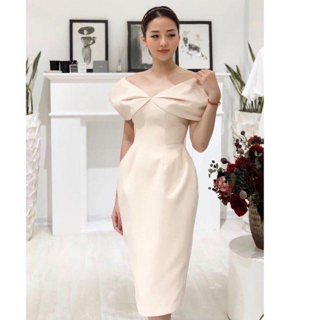 Đầm suông phối nơ trễ vai