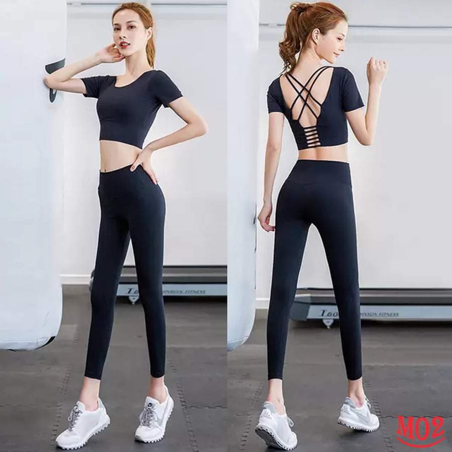Bộ tập thể thao áo cộc tay Crop top đan dây sau quần dài tập gym,yoga, erubic ...Hàng VNXK