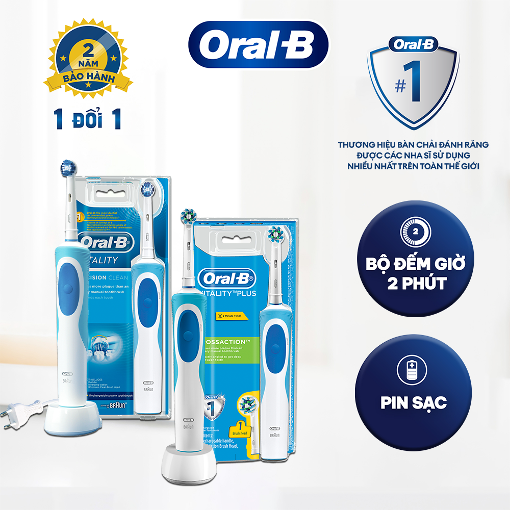 Combo 2 Bàn Chải Điện ORAL-B Vitality Cross Action và Precision Clean Làm Sạch 100% Mảng Bám Từng Kẽ Răng