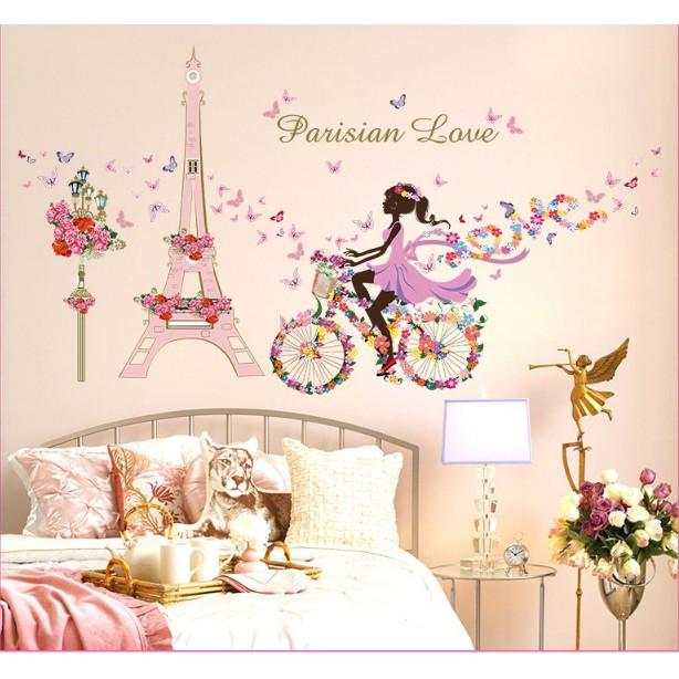 Decal trang trí Tháp Pasis Hồng Cô Gái Xe Đạp hoa A.H