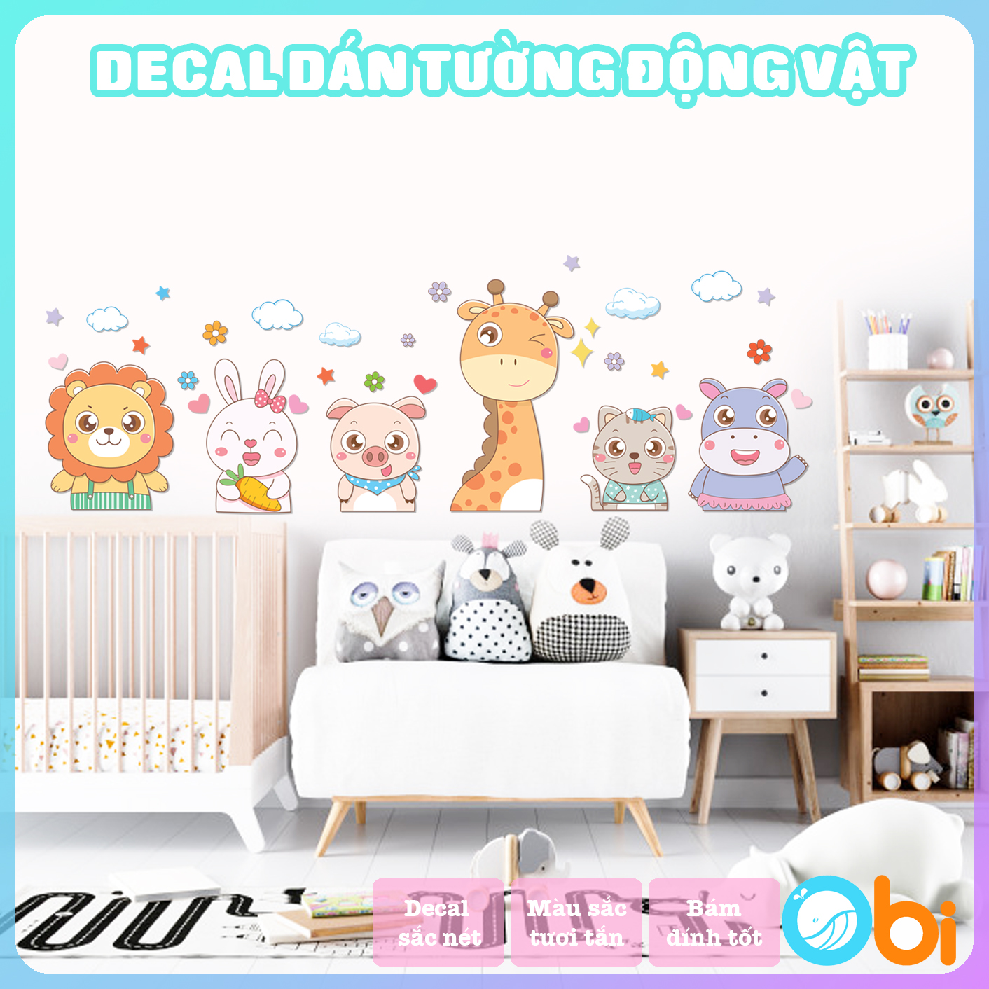 Decal dán tường cho bé - Decal động vật vui vẻ Obi shop