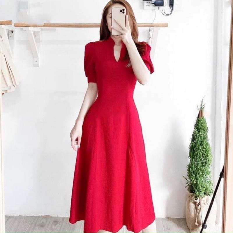 Đầm cổ trụ form dài 2 màu