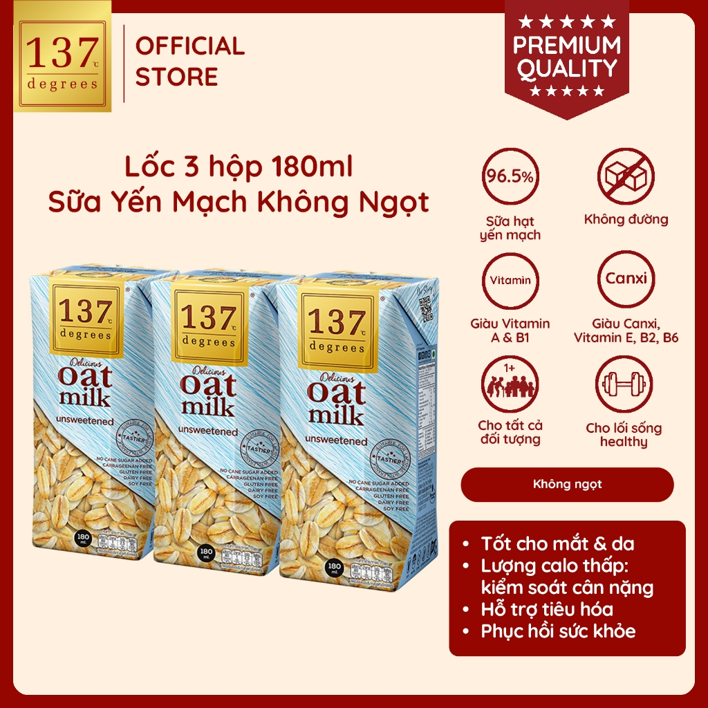 Lốc 3 hộp Sữa hạt Yến mạch Không đường 137 DEGREES 180ml