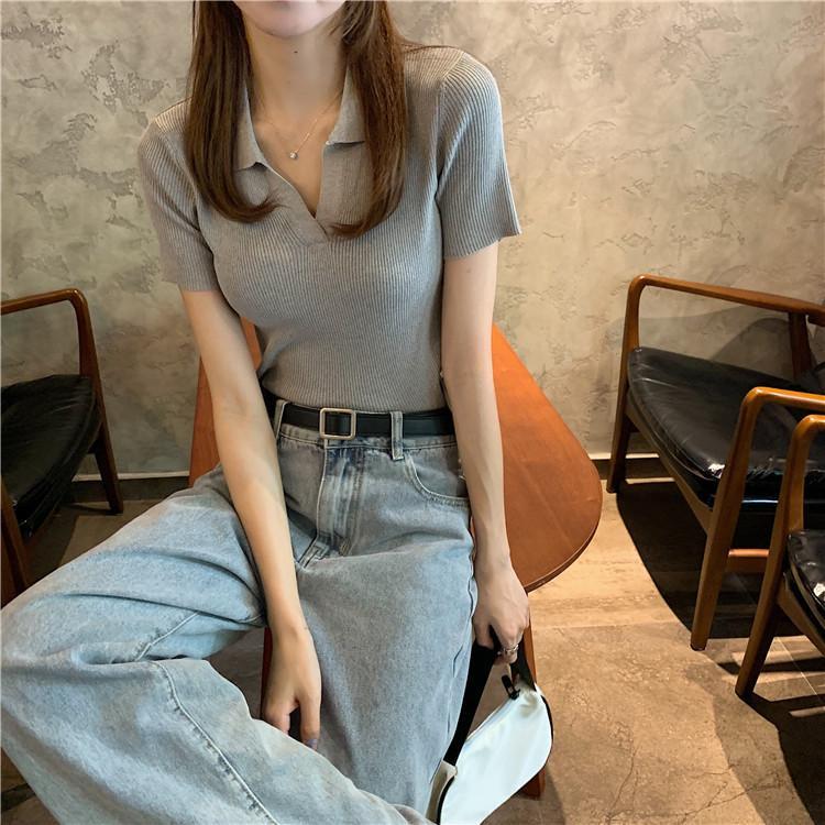 Áo croptop Polo len tăm nữ cổ bẻ V dáng ôm tay ngắn hàng dệt kim montergy Quảng Châu nhiều màu AL12