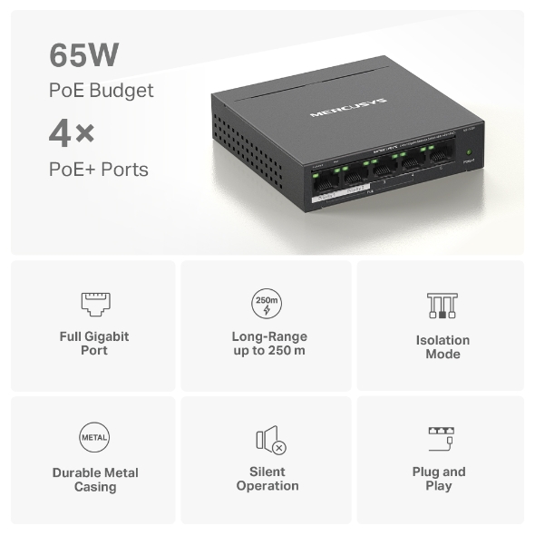 Bộ Switch Chia Mạng Mercusys MS105GP 5 Cổng 10/100/1000Mbps với 4 Cổng PoE+ - Hàng Chính Hãng