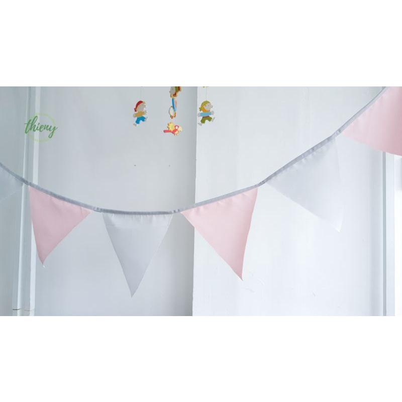 Dây cờ tam giác vải màu pastel ghi hồng, xịn may đẹp, dài 2,2m, Dây cờ trang trí Decor Sinh nhật, Lều vải Thiên Ý
