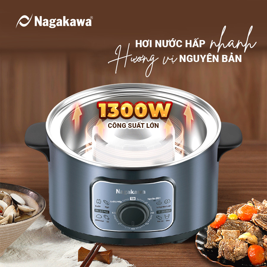 Nồi hấp điện inox đa năng Nagakawa NAG3310 (1300W - 11.8 Lít) - Hàng chính hãng