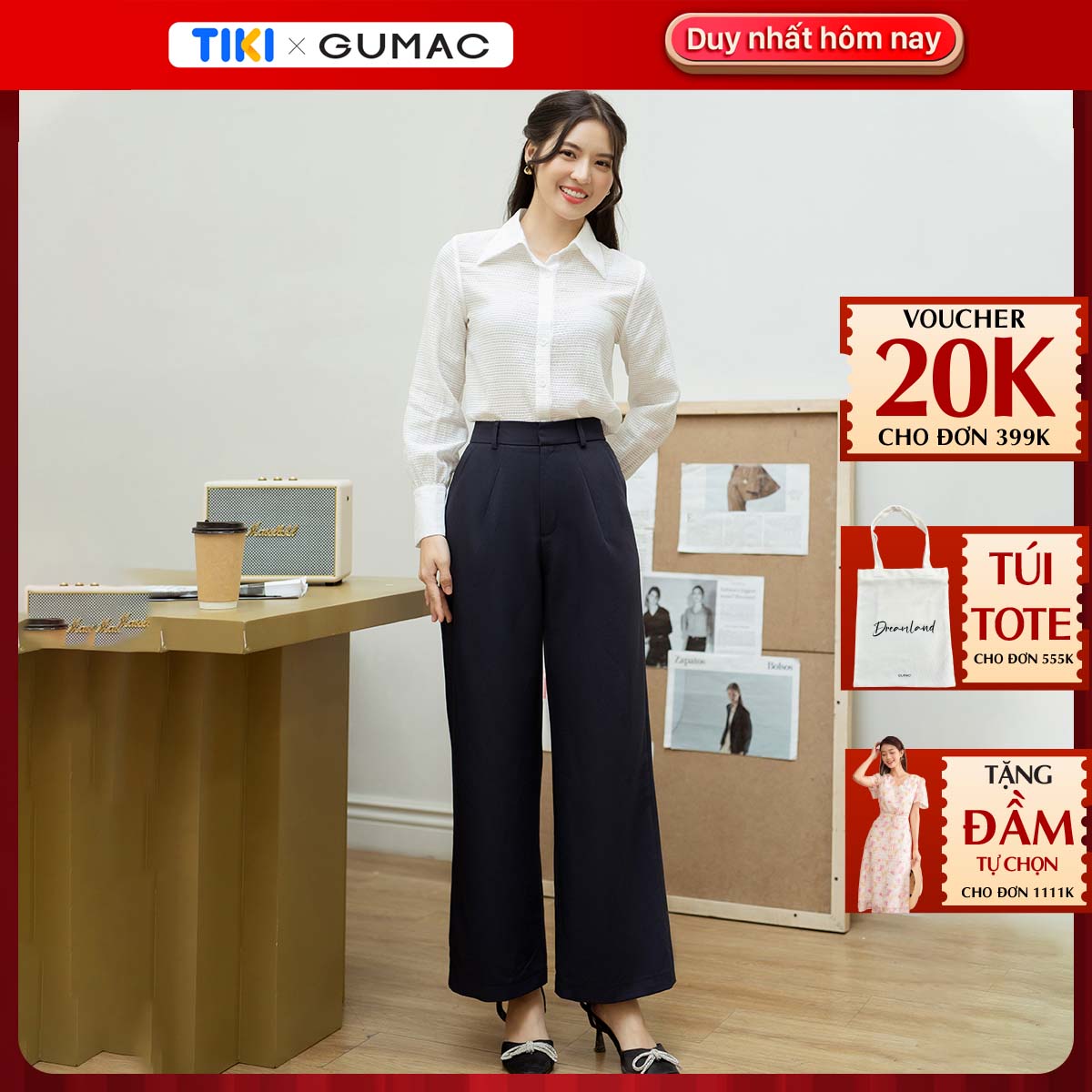 Quần nữ ống rộng xếp ly bản lưng cài móc giấu nút, hai túi xéo thân trước GUMAC QD09046