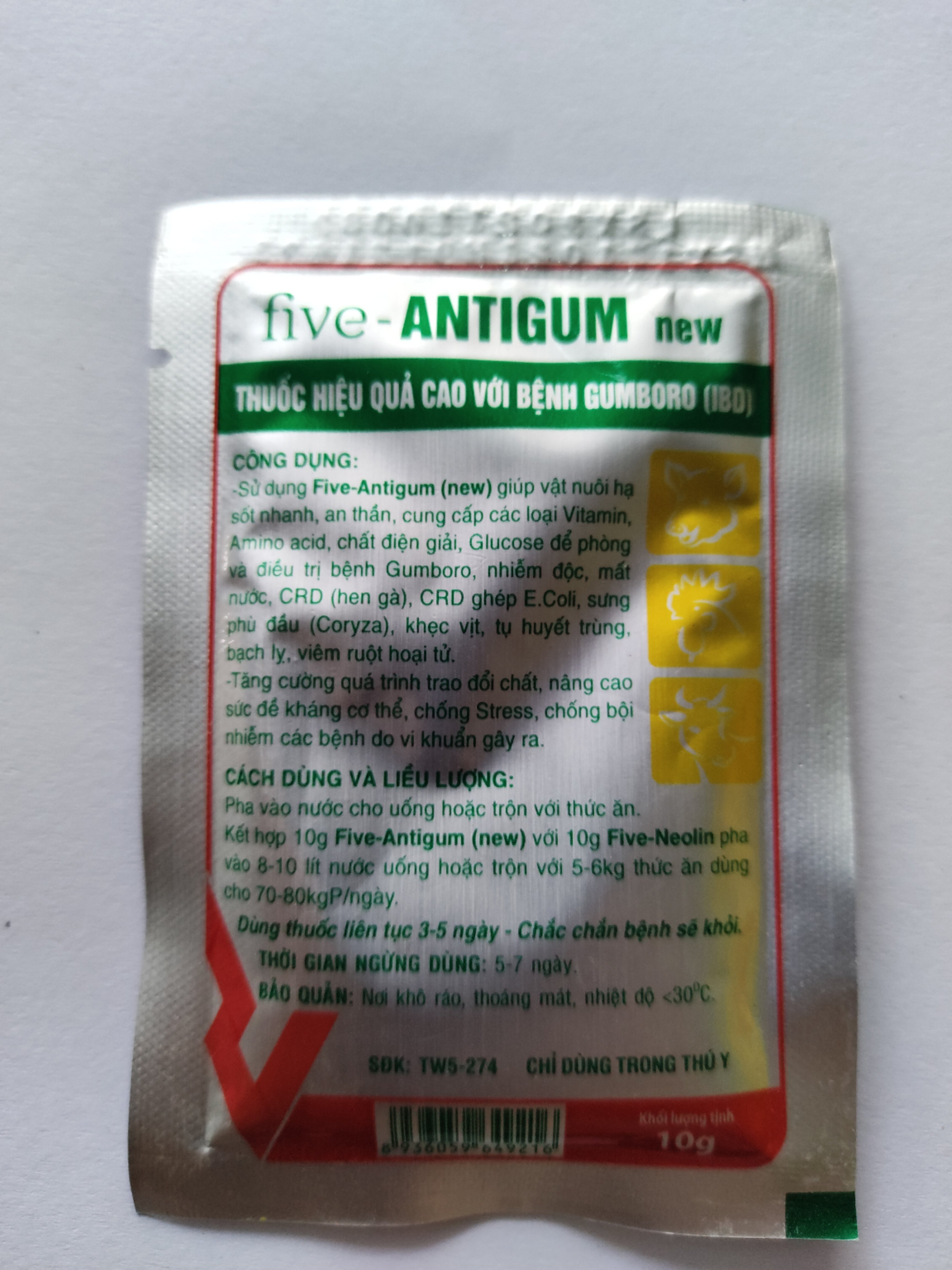 Thuốc bột Five ANTIGUM new giúp vật nuôi hạ sốt nhanh, an thần, cung cấp các loại Vitamin,Tăng cường quá trình trao đổi chất, nâng cao sức đề kháng cơ thể