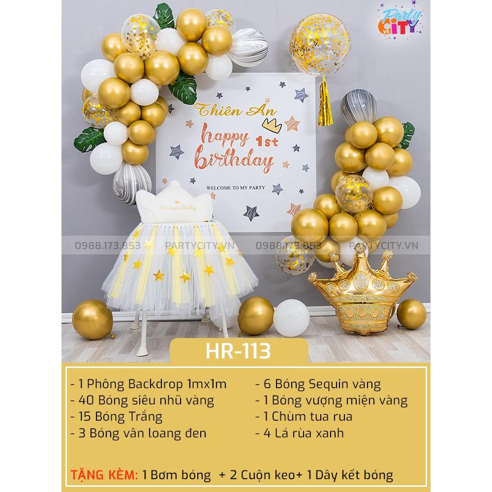 Set trang trí sinh nhật cho bé trai bé gái tone gold vàng đẹp sang HR-113 ( Kèm Phông Backdrop In TÊN BÉ)