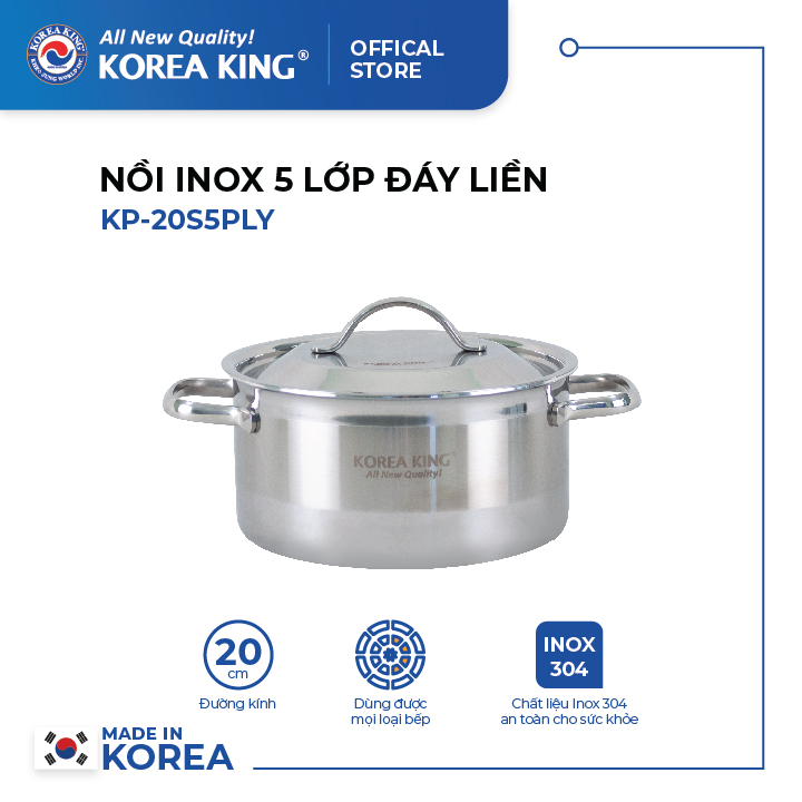 KP-20S5PLY Nồi inox 5 lớp đáy liền Korea King (Nồi, nắp đều bằng inox, đường kính 20cm, dung tích 3L)-Hàng chính hãng