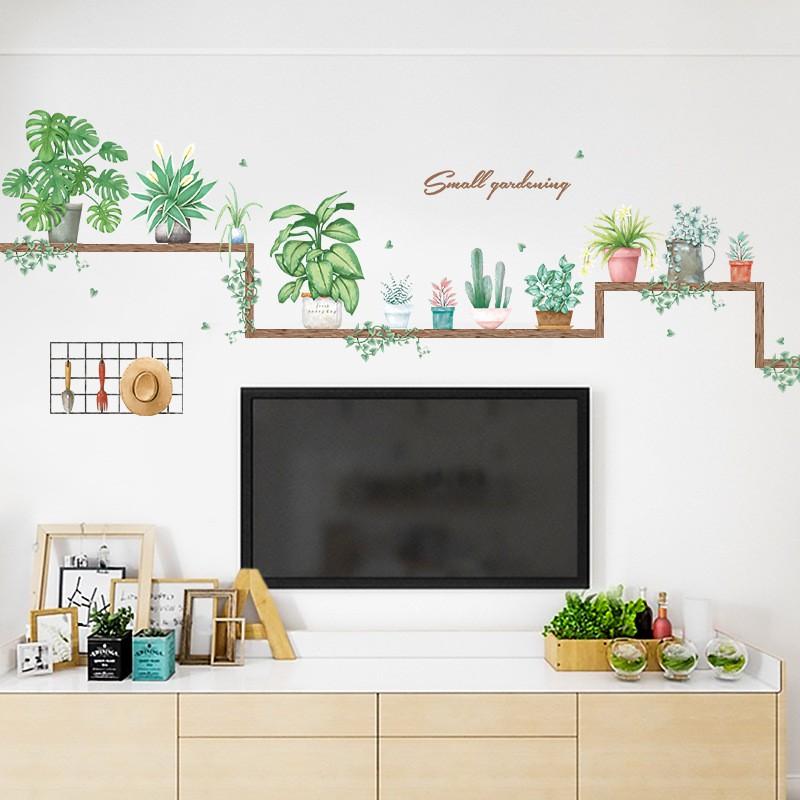 DECAL DÁN TƯỜNG PHONG CÁCH HÀN QUỐC NHIỆT ĐỚI Combo 2 tranh tán lá xanh nhiệt đới + kệ chậu cây lá nhiệt đới