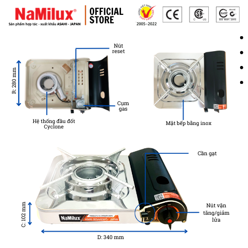 Bếp Gas Mini NaMilux NH-032PS│Đầu Đốt Cyclone│Tiết Kiệm Gas│Van Ngắt Gas An Toàn│Công Suất 2.4Kw │Hàng Chính Hãng