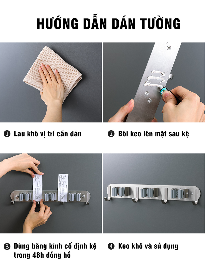 Móc treo chổi, móc treo cán cây lau nhà chất liệu inox dán tường bằng keo 3 chấu